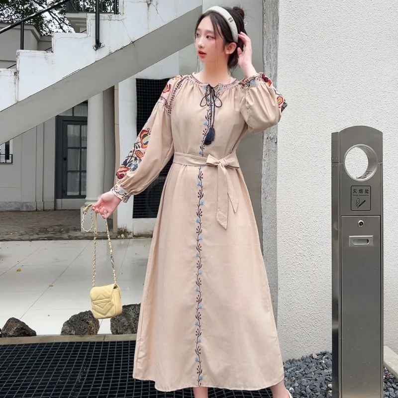 

Vintage Ethnic Style Heavy Embroidery Lantern Sleeves Round Neck Waist Tie Waist Slimming Loose Fit Large Size Long Dress