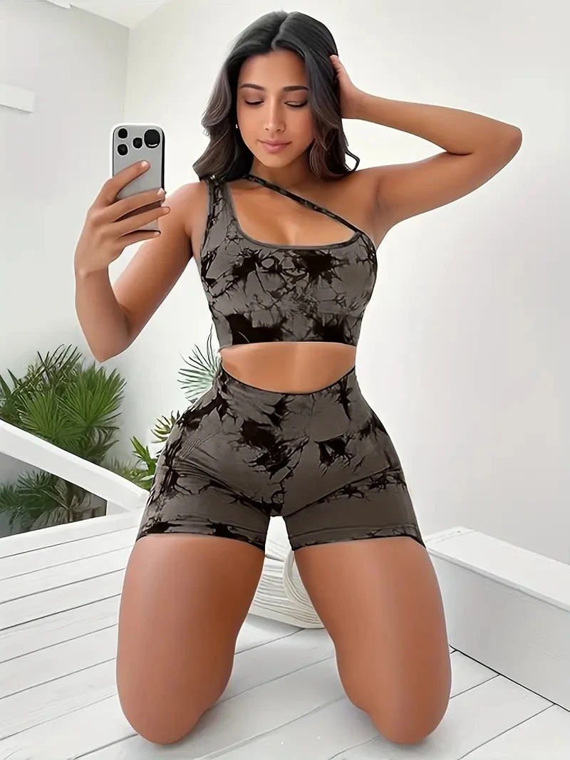 SportswearSuitSeamlessYoga2PieceTieDyeOneShoulderSlingBra
