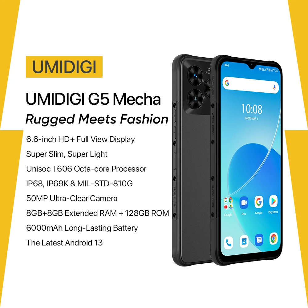

UMIDIGI G5 Mecha Smartphone, Android 13 ,6.6" FHD+Screen, 8GB 128GB, 50MP Camera,6000mAh 90Hz Mobile phone