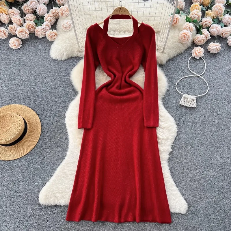 

Autumn and Winter Fashionable Mature Style Solid Color Halter Dress Women's High Waist Slim Long Sleeve Knitted Long Dress