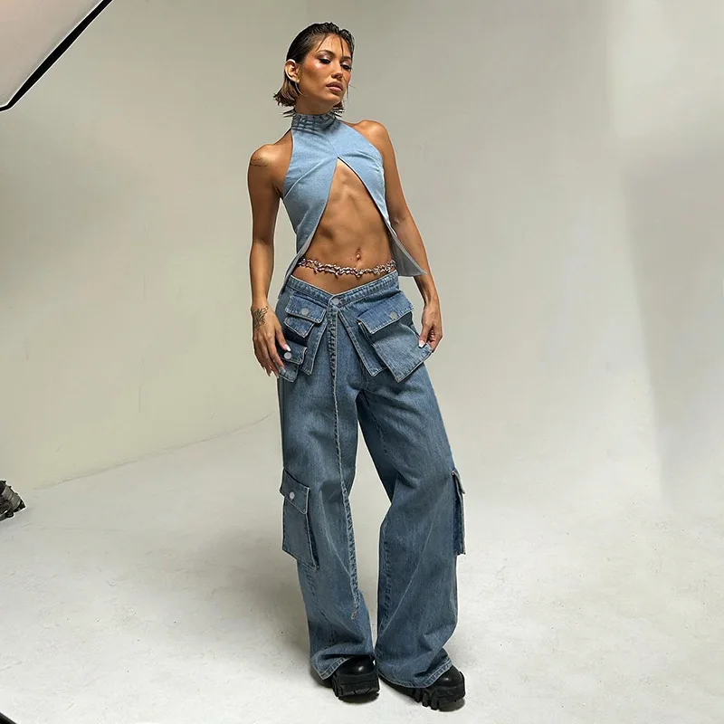 Irregular Patchwork Multi Pockets Straight Denim Cargo Pants 2023 Winter Fashion High Waist Medium Strecth Jeans Streetwear