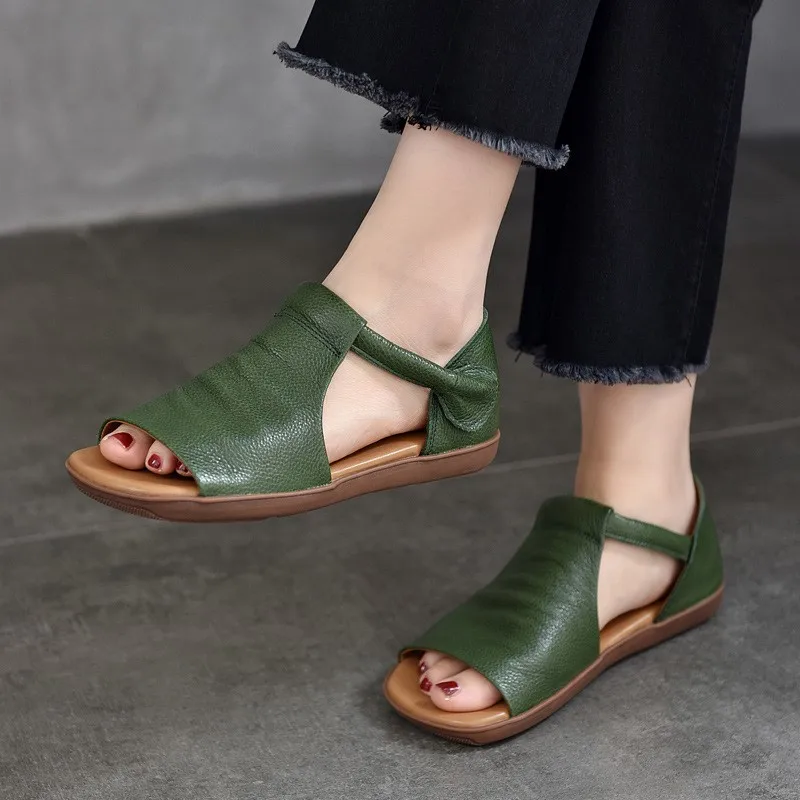Johnature Peep Toe Flat Sandals Summer New Retro Genuine Leather Comfortable Soft Sole Versatile Women's Shoes women sandals