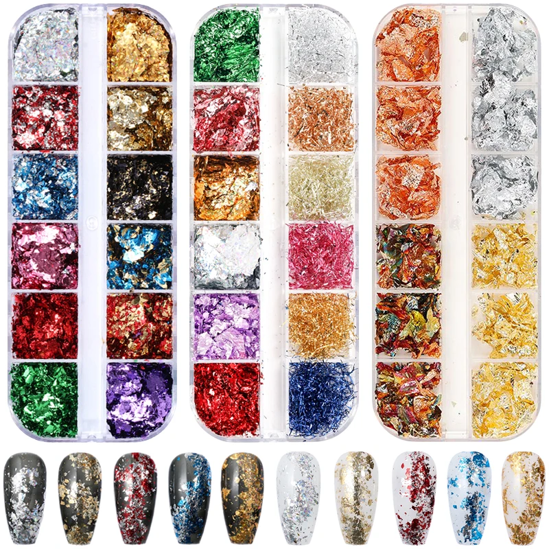 Nail Decoration Nail Decorations Nail Flakes 12 Grids Metallic Holographic Nail Art Colored Gold Foil Paper Flakes Aluminum Nails Decoration Confetti Manicure Supplies Set