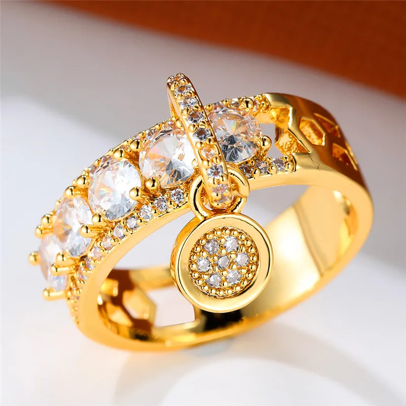 Luxury Female Crystal White Round Zircon Stone Engagement Ring Cute Yellow Gold Color Wedding Jewelry For Women