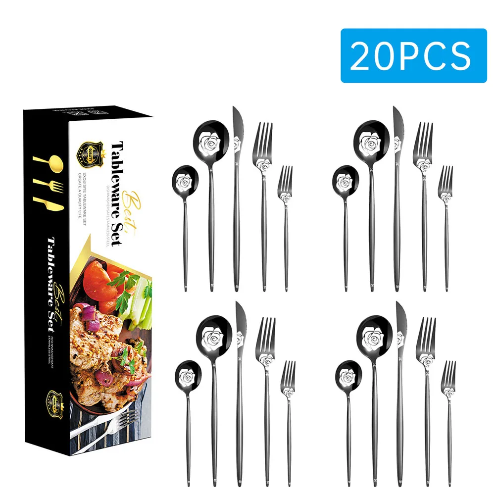 

New Design 20 30pcs Black Tableware Laser Pattern Stainless Steel Cutlery Flatware Fork Knife Spoon Dinnerware Silverware Set