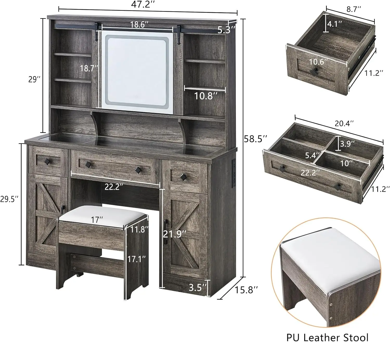 Farmhouse 47.2" Makeup Vanity Desk with Charging Station, Set with Stool & Sliding Mirror & 3 Brightness Lights, Glass Desktop images - 6