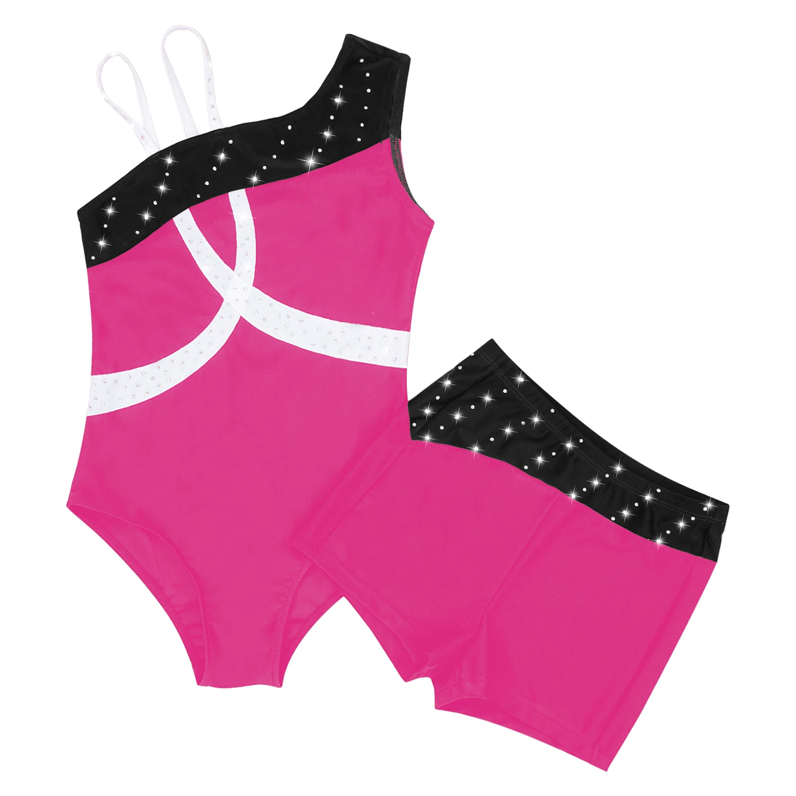 Kids Girls Sleeveless Oblique Shoulder Gymnastics Jumpsuit with Boxer Shorts Shiny Rhinestone Gymnastics Leotard Ballet Outfit