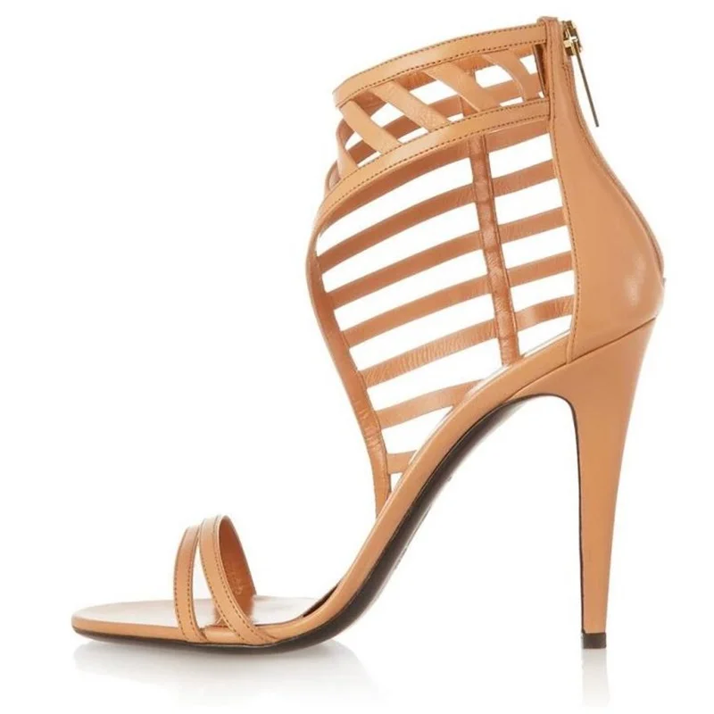 

Fashion Beige Leather Strappy Sandals Peep Toe Hollow Cutouts Thin Heels Cage Shoes Women Summer Dress Shoes Back Zipper