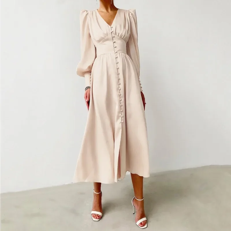 

Women's Satin Dress with Lantern Sleeves, V-Neckline, Mushroom Buttons, Waist Cinching Design, Autumn Collection, 2023