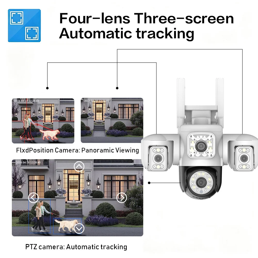 8K 15MP UHD Outdoor WiFi IP Camera Four Len Three Screen 360° 16X Zoom PTZ Security Cam Auto Tracking CCTV Wireless Surveillance 2