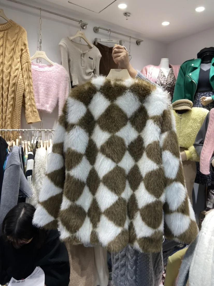 Winter Imitation Fur Jacket for Women Diamond-shaped Checkerboard Fashion Wool Lazy Windy Coat Thick Warm Fur All-match Cardigan