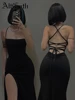 AltGoth Coquette Elegant Party Dress Women Mall Goth Vintage Aesthetic Fairycore Grunge Backless Lace-up High Waist Halter Dress 1