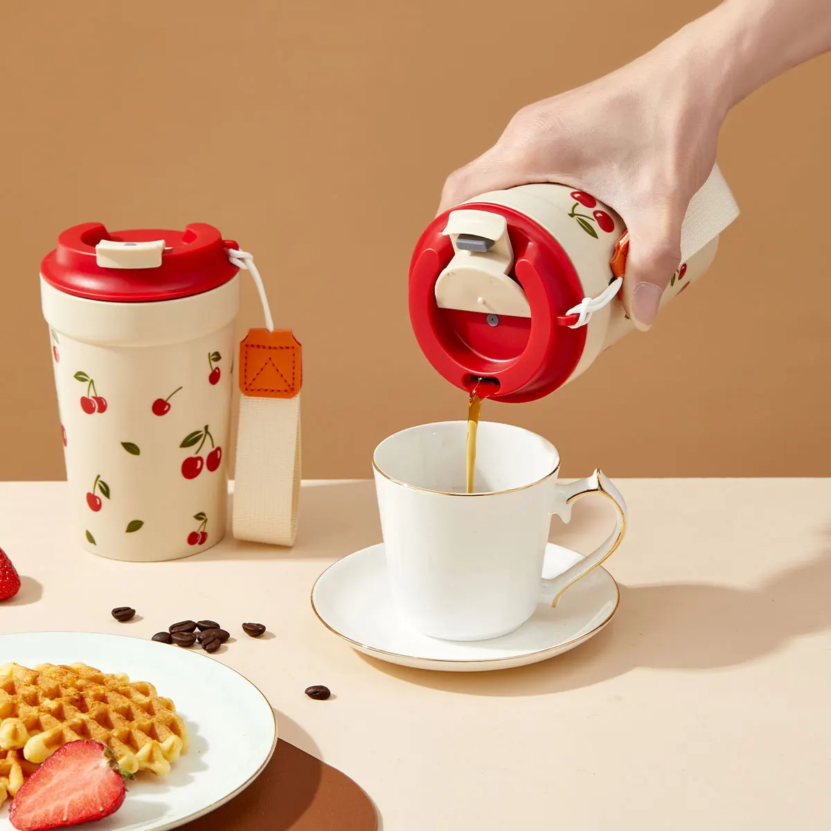 WORTHBUY Travel-Ready Leak-Proof Coffee Mug with Nylon Handle – Durable Hot & Cold Beverage Cup