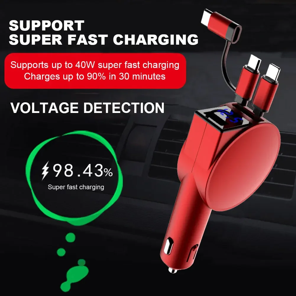 

USB C Cable Retractable Car Charger 60W 3 IN 1 Fast Charging Cable Type c Auto Cigarette Lighter Adapter For IPhone Samsung Xi