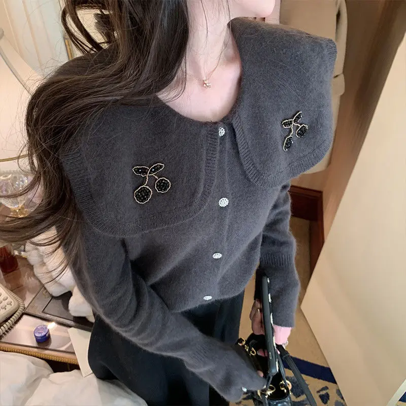 

Grey Lapel Sweater Women's Spring Autumn Winter Short Fashion Knitted Cardigan Top