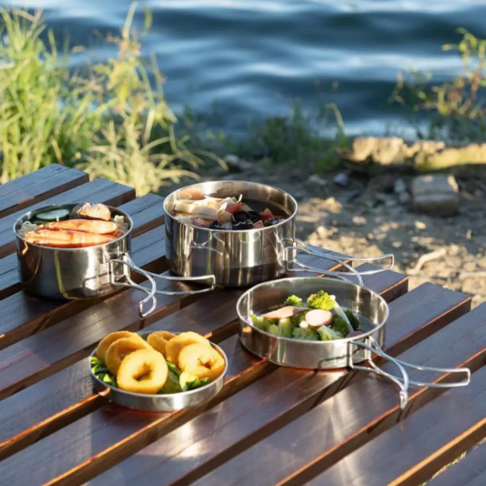 Camping Cookware Set Stainless Steel, 4-Piece Camping Pot Pan Set, 600ml and 900ml, Foldable and Stackable