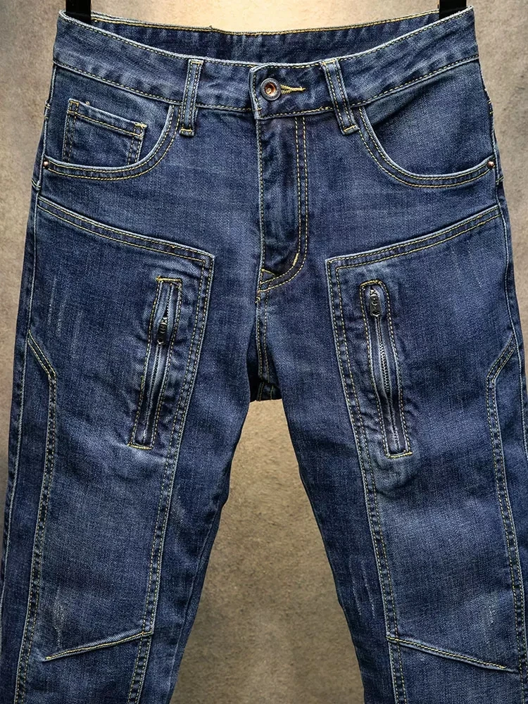 High Street Fashion Men Jeans Retro Blue Elastic Stretch Slim Fit Patched Ripped Jeans Men Zipper Pocket Designer Hip Hop Pants