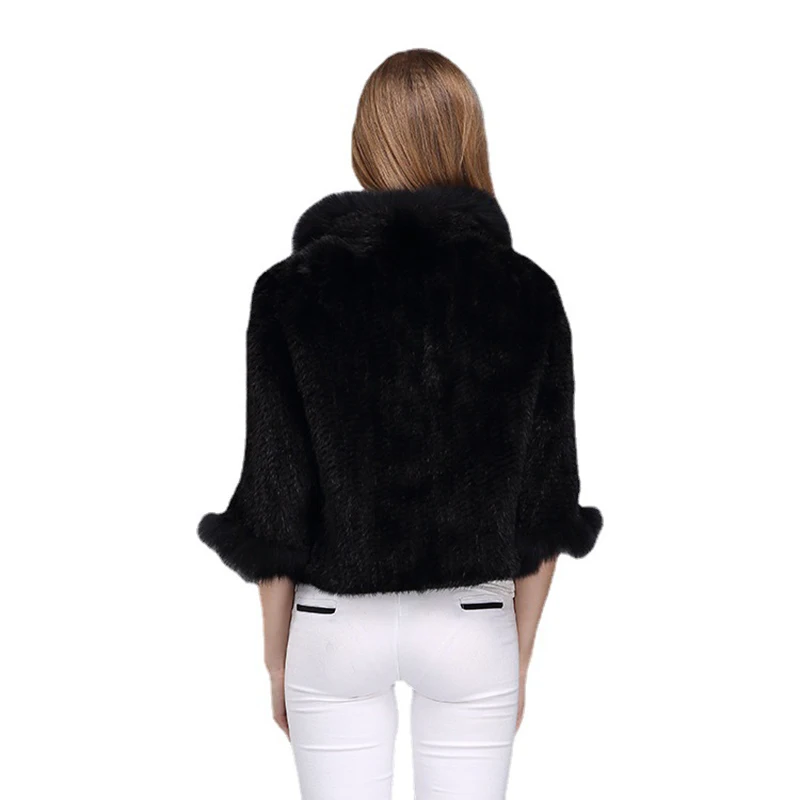 Women Natural Mink Fur Shawl Jacket Lady Knitted Mink Fur Scarf Shawl Lady Real And Fox Collar Poncho Coat