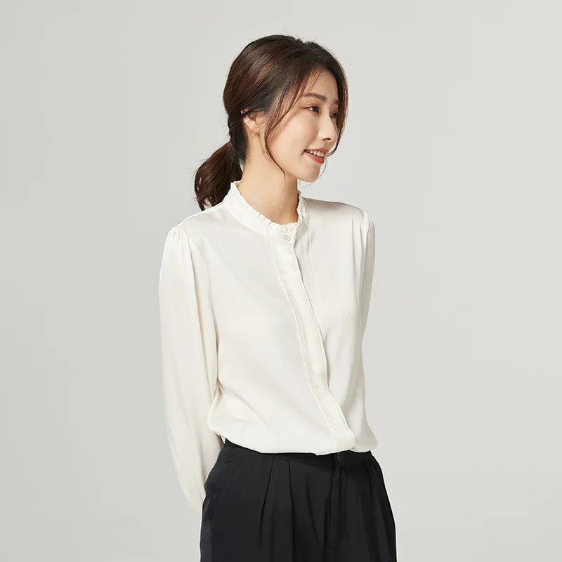 

2022 Spring Autumn Women's sold color Shirt Elegant Stand Collar Long Sleeve Woman Shirts Blouses Real Silk Female Blouse Tops