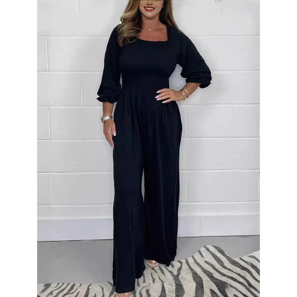 Women 2024 Spring Summer Solid Overalls Elastic Bust High Waist Elegant Jumpsuits Wide Leg Pants Loose Ladies Casual Playsuits