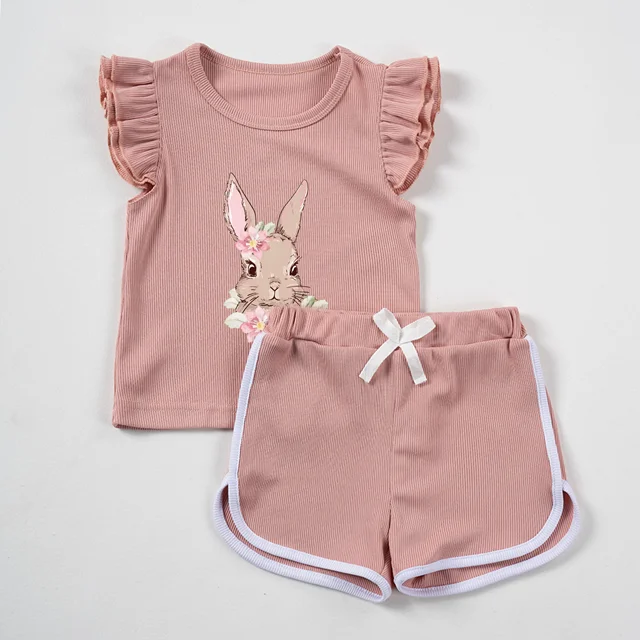 Cute Printed Baby Girl Set Summer New Fly-sleeved a maniche corte + pantaloncini in tinta unita Set per bambini abbigliamento Casual quotidiano 2