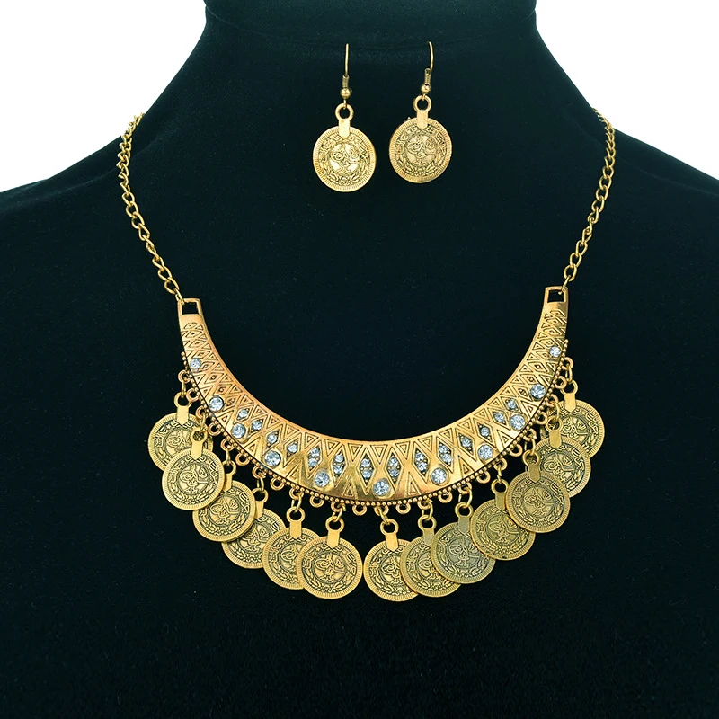 طقم قلادة عملات تراثية مع أقراط – ذهبي / فضي