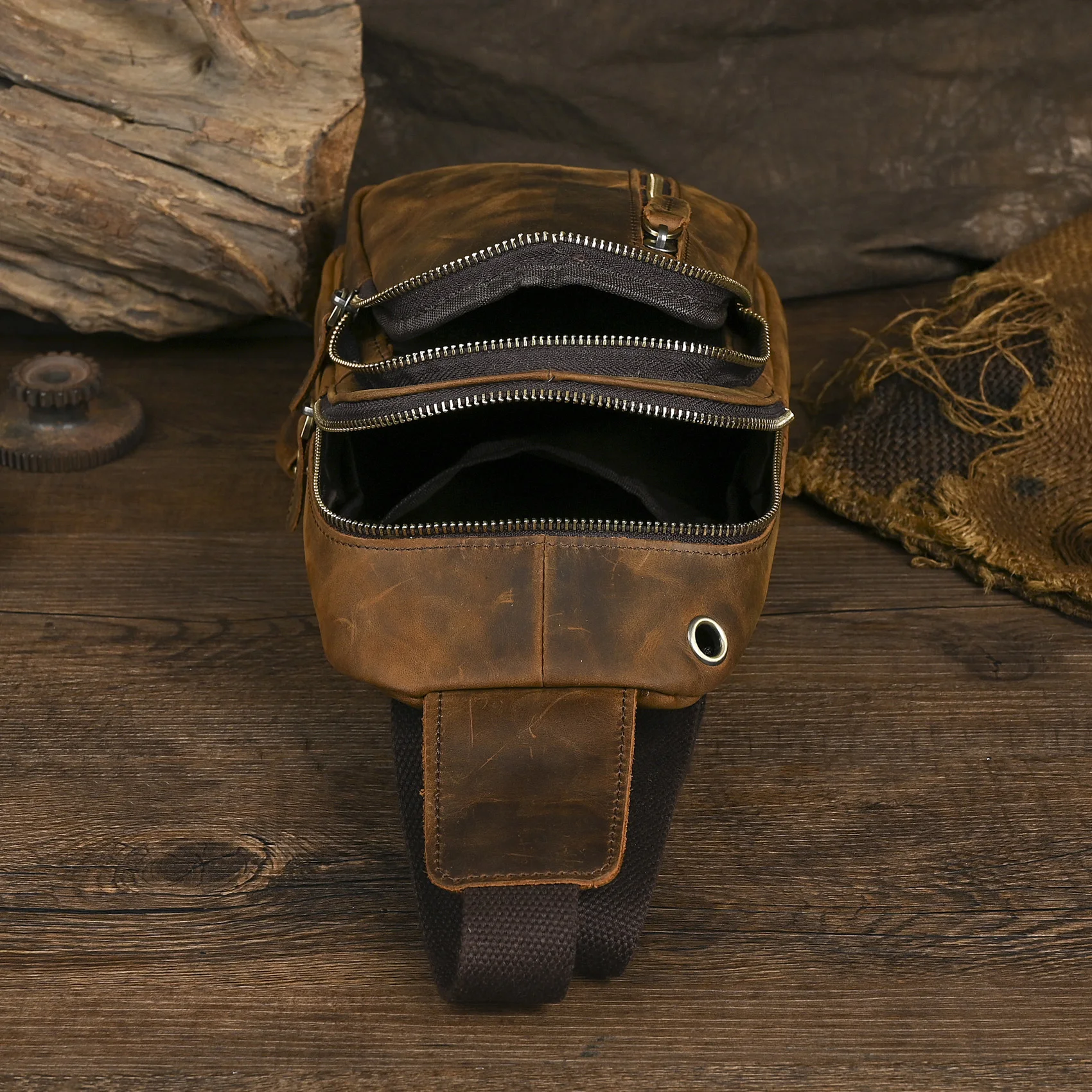 Men Original Leather Casual Fashion Chest Sling Bag Brown Design Travel Triangle One Shoulder Cross body Bag Daypack Male 8005-d