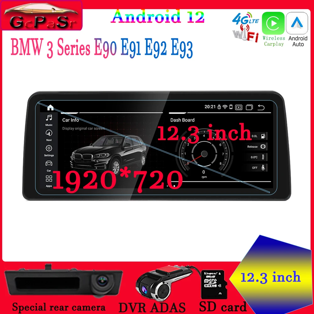 

12.3 Inch Android 12.0 1920*720P Car Multimedia Player Navigation Carplay + Auto For BMW 3 Series E90 E91 E92 E93 2005 - 2011
