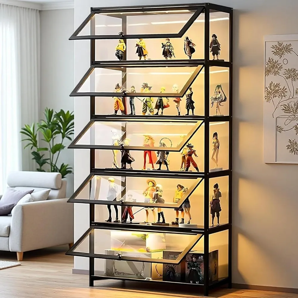 "5-tier acrylic door curio cabinet for collectible figures and toy display organizer rack"