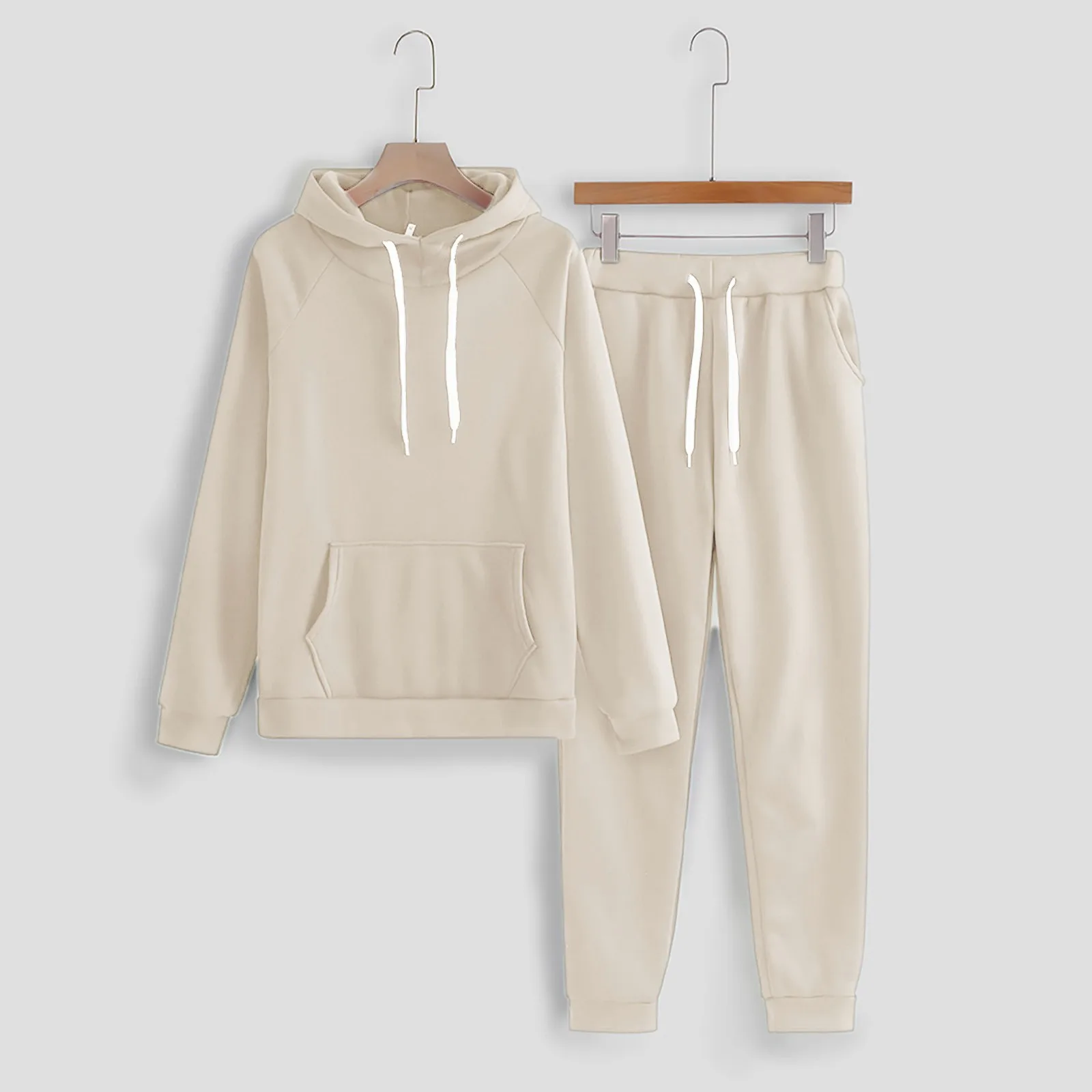 Solid Fleece Hoodie Sets Womens Autumn Winter Tracksuit 2 Pieces Set Pullover Hoodies+Drawstring Pants Oversized Sweatshirt Suit