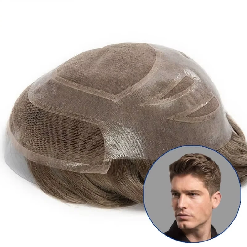 Fine Mono Hair System for Men Lace front with Mono and Skin Hybrid Breathable capillary prosthesis,Human Hair Toupee for Men