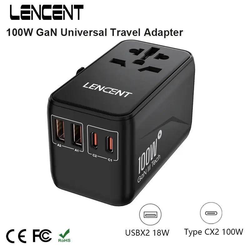 Adaptador de Carregamento Rápido Lenovo-GaN III, Adaptador Universal de Viagem, 2 USB e 2 Tipo C PD, 100W, UE, Reino Unido, EUA, AUS Plug