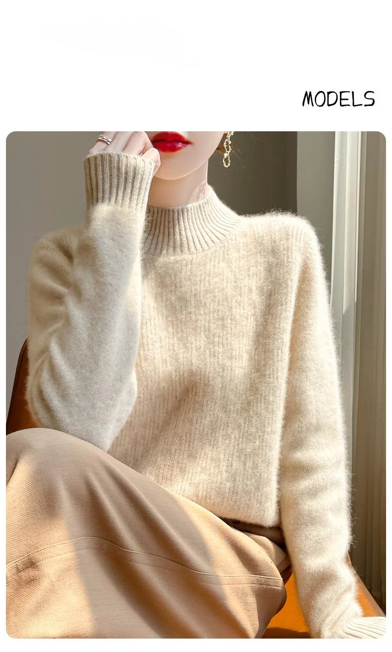 Women's semi high neck solid color sweater made of 100% wool_voghion.com