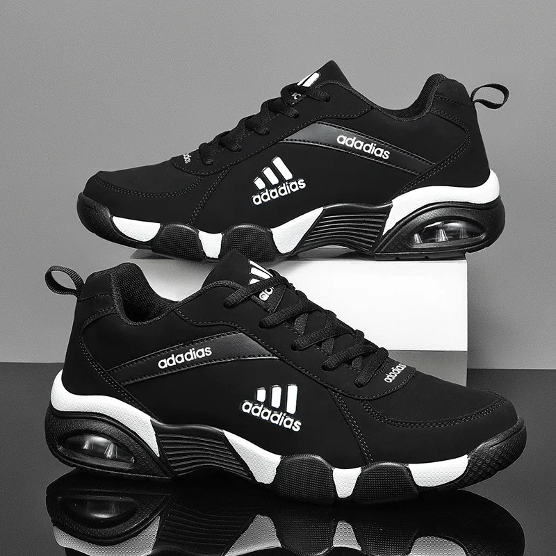 Trendy Men's Running Shoes Casual Sporty Black Cowhide Leather Upgraded PU Sole Comfortable All-Season Low Top Lace-Up Sneakers 2