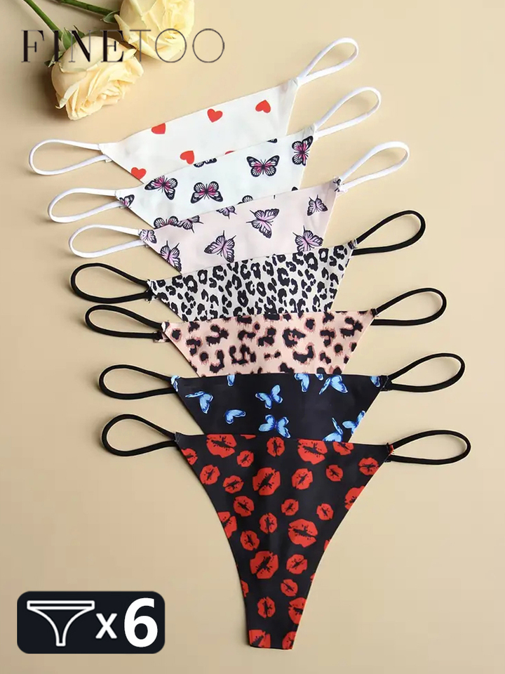 FINETOO 6pcs Seamless Allover Print Thongs, Sexy Comfy Breathable Stretchy Intimates Panties, Women's Lingerie & Underwear