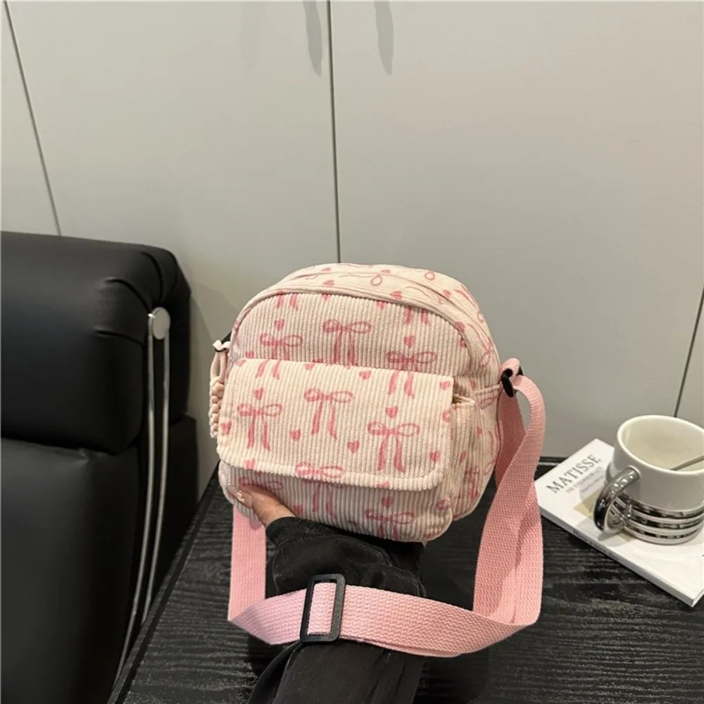 Borsa a tracolla piccola in velluto a coste casual Borsa a tracolla con fiocco impermeabile con chiusura a cerniera - immagine 3