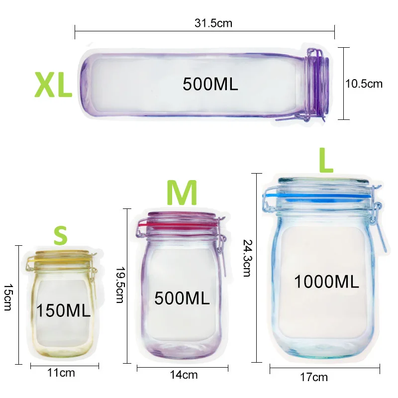 4pcs Reusable Mason Jar Bags Zipper Candy Bag Plastic Cookie Bag Waterproof Food Storage Bag Nut Sandwich Zip Lock Bags Bean Bag 6