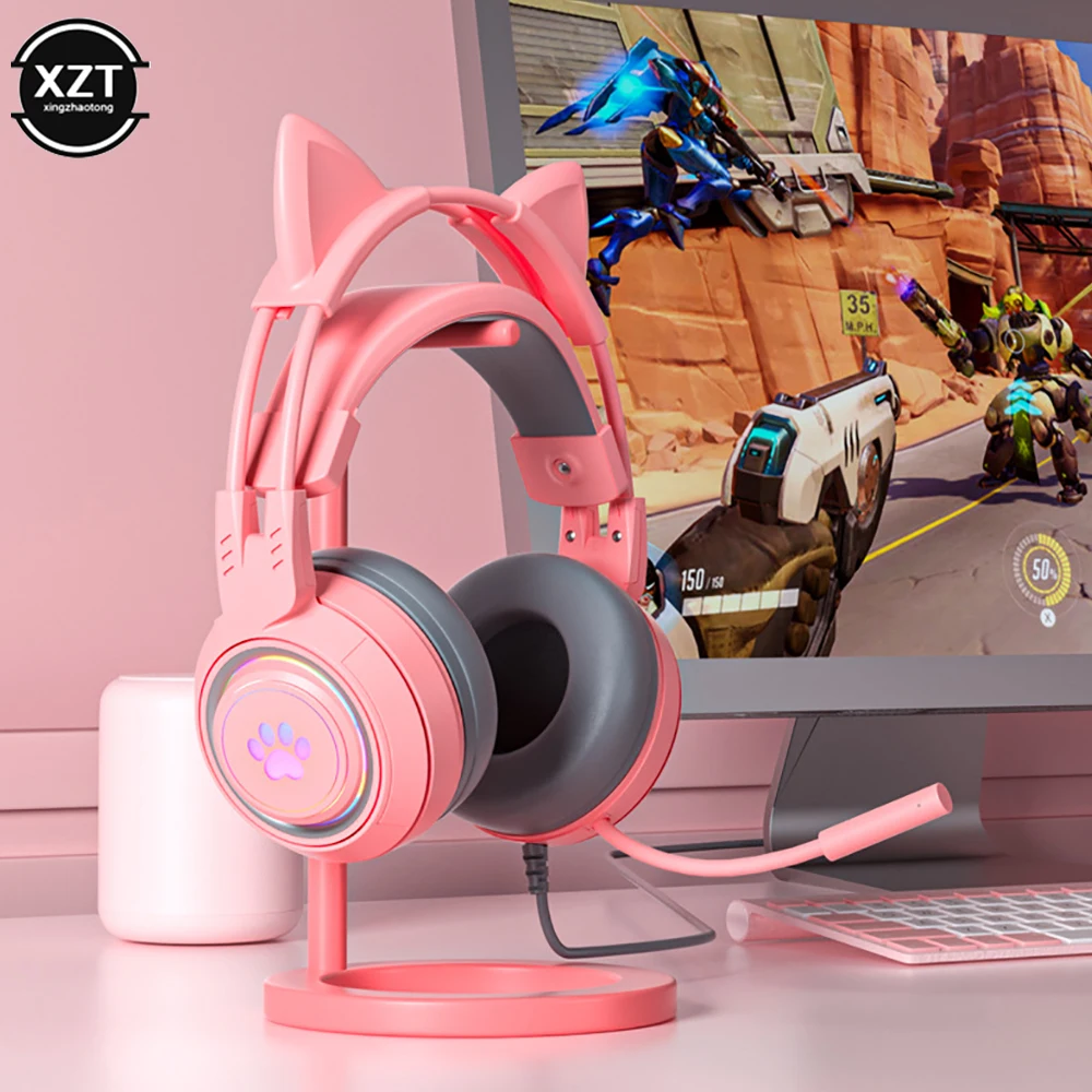Игровые наушники с милыми кошачьими ушками, светящиеся Игровые наушники ...