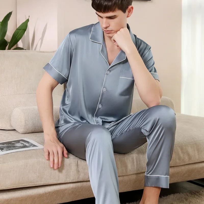 High Qaulity Pajamas Suit Men Summer New Short-sleeved Trousers Sleepwear Spring Summer Imitation Ice Silk Loungewear Solid Gent
