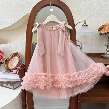 Pink Dreamy Sweet Girl Fairy Princess Dress Sleeveless Bow Decoration Mesh Lace Children's Casual Clothes Birthday Party Summer 1