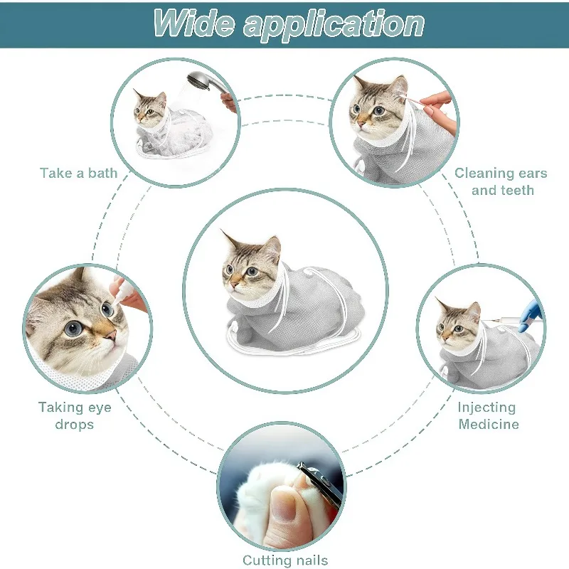 배터리 없이 조절 가능한 고양이 샤워 가방, 고양이 발톱 손질, 목욕, 귀 청소, 주사, 수유를 위한 통기성 메쉬 가방