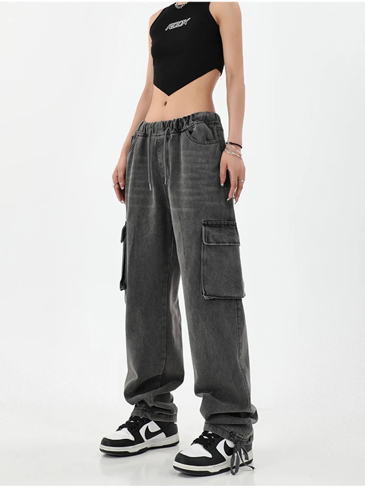 

Womens Vintage Grey Cargo Pants High Waist Wide Leg Jeans Baggy Casual Fashion Multiple Pockets Mom Hip Hop Street Style Y2K