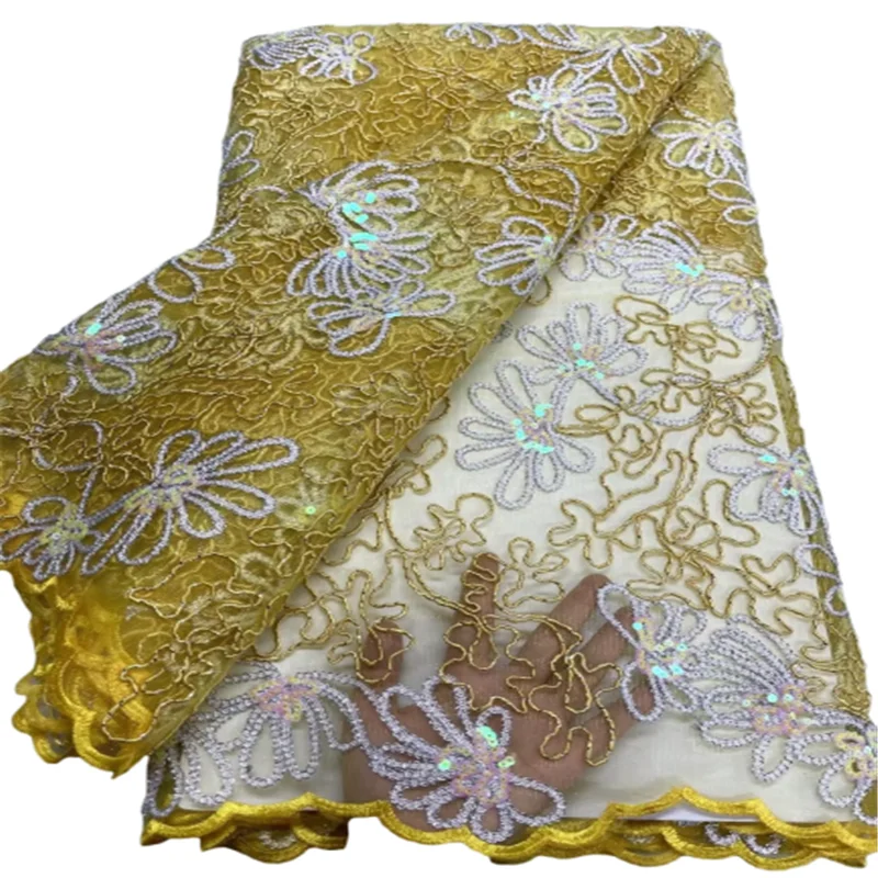 

2023 High Quality Nigerian African Sequins Tulle Lace Fabric Embroidery For Nigerian Wedding Party Dress Sewing J99-2