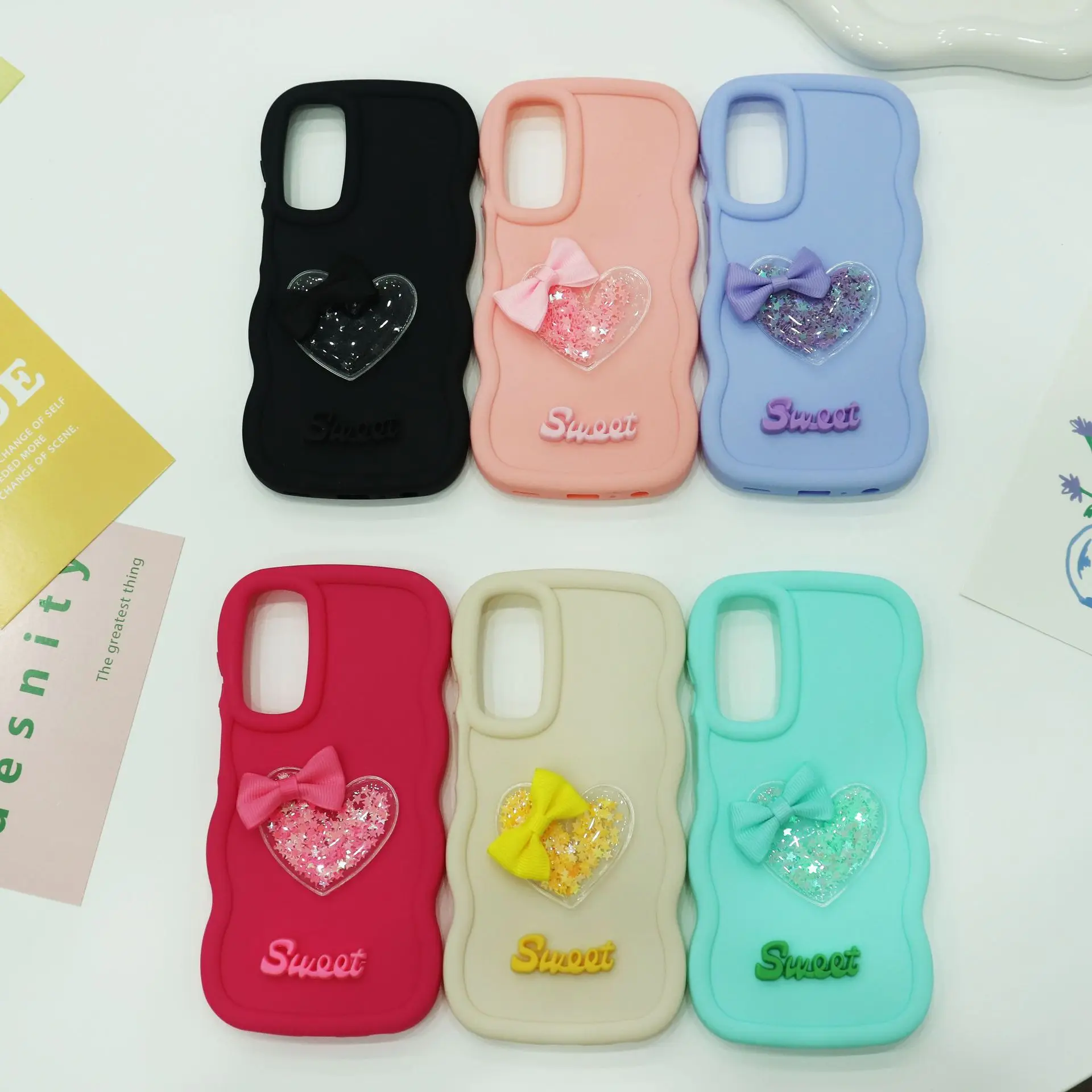 Charming 3D Quicksand Heart Bow Silicone Phone Case