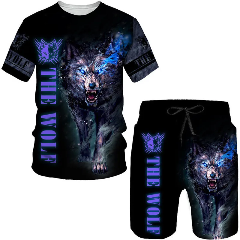 Cool The Wolf 3D Printed T-Shirt/Suit Summer Short Sleeved O-Neck Men's Tees&Shorts 2 Pcs Set Casual Couple Sportswear Tracksuit