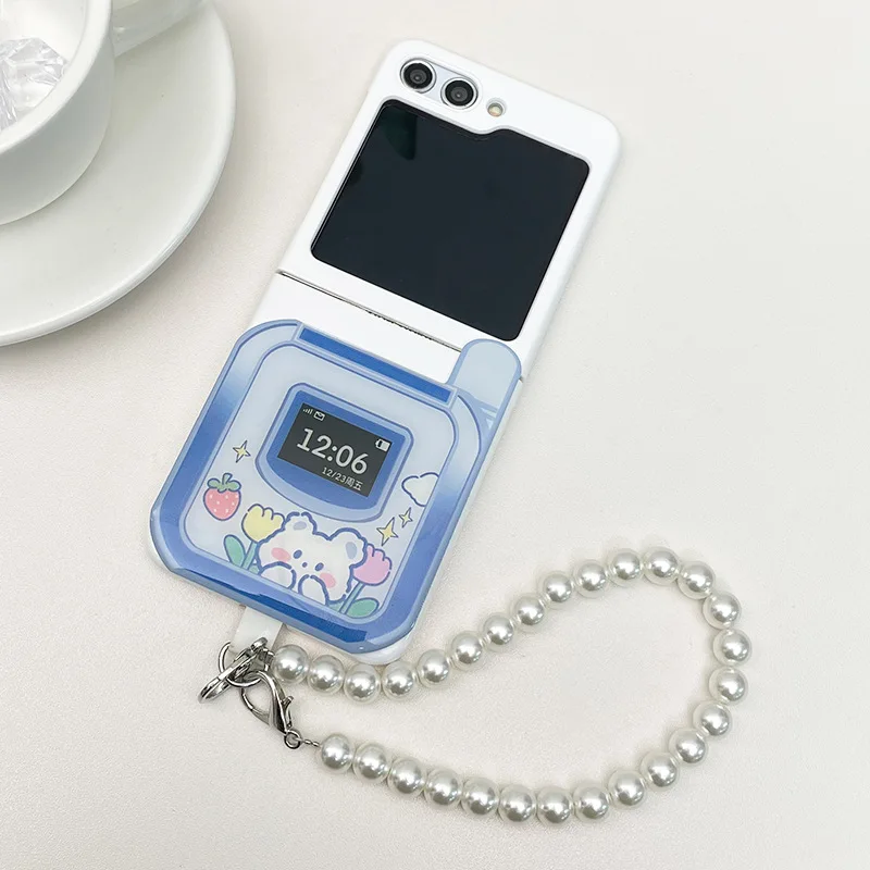 Retro Flip Phone Pearl Chain Phone Case Per Samsung Galaxy Z Flip 5 4 3 Flip5 Flip4 Flip3 5G Hard Pc Cover Posteriore Protettiva