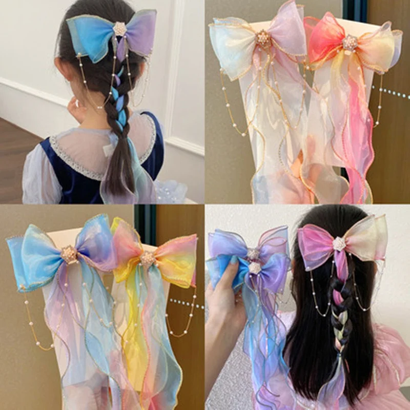 Girls' Chiffon Bow Ribbon Hairpins, Crianças Sweet Hair Clips, Bonito, Colorido, Acessórios de Moda, Novo