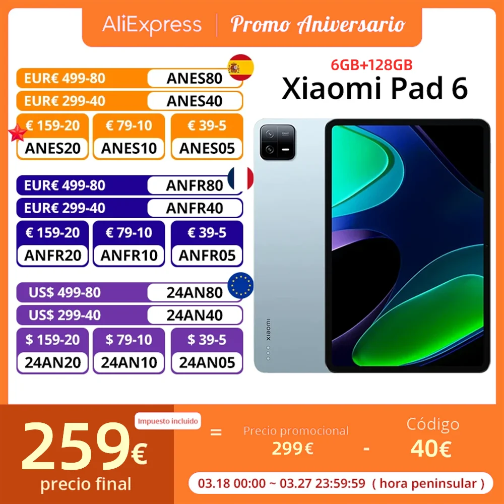 Versione Globale Xiaomi Mi Pad 6 Tablet 11 ''144Hz Display 6Gb/8G 128Gb/256Gb Snapdragon®870 8840Mah 33W Fotocamera Da 13Mp A Ricarica Rapida