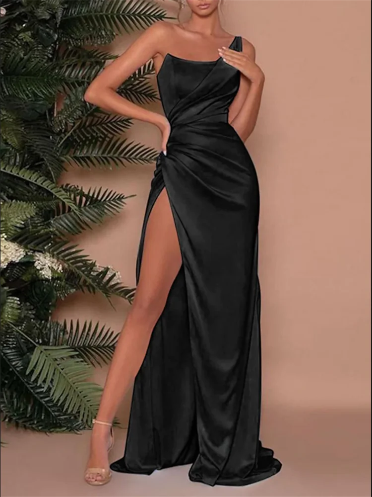 

Column/Sheath Empire Sexy High Split Wedding Guest Prom Dress One Shoulder Sleeveless Sweep Brush Train Charmeuse with High Slit