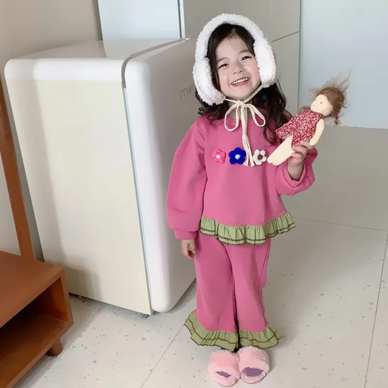 

2023 Spring Girls' suit cute Kids Color contrast ruffles pullover and pants 2PCS Baby girl clothes set